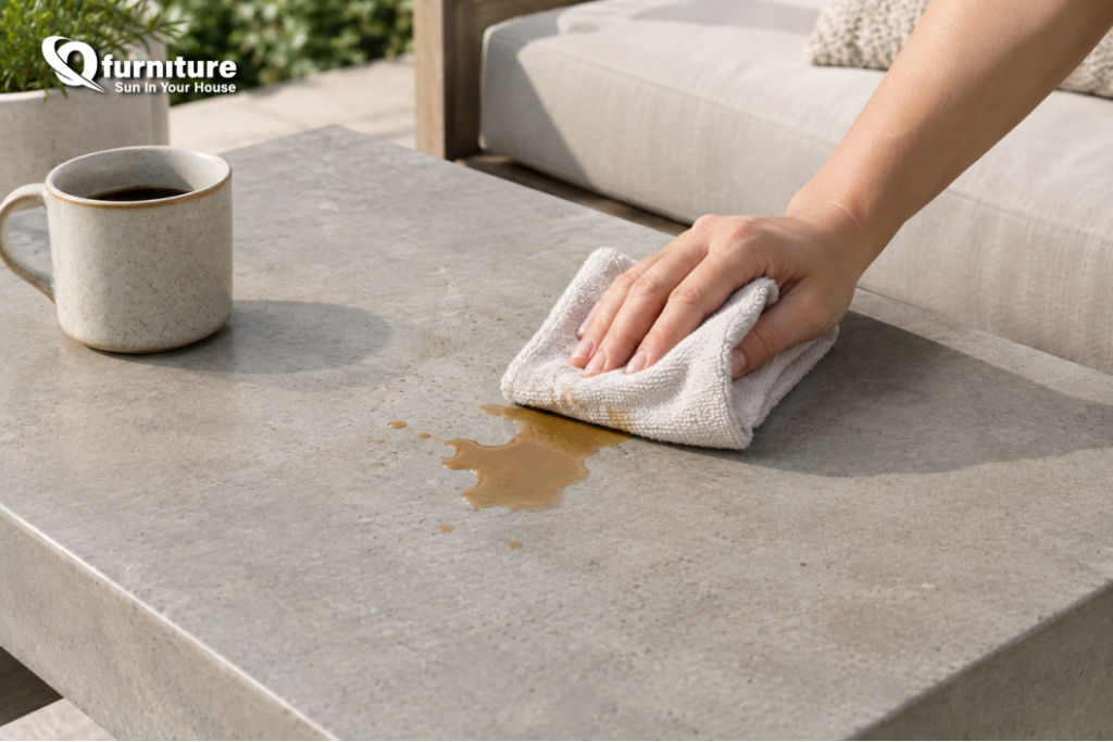 Cleaning spills from a concrete outdoor table