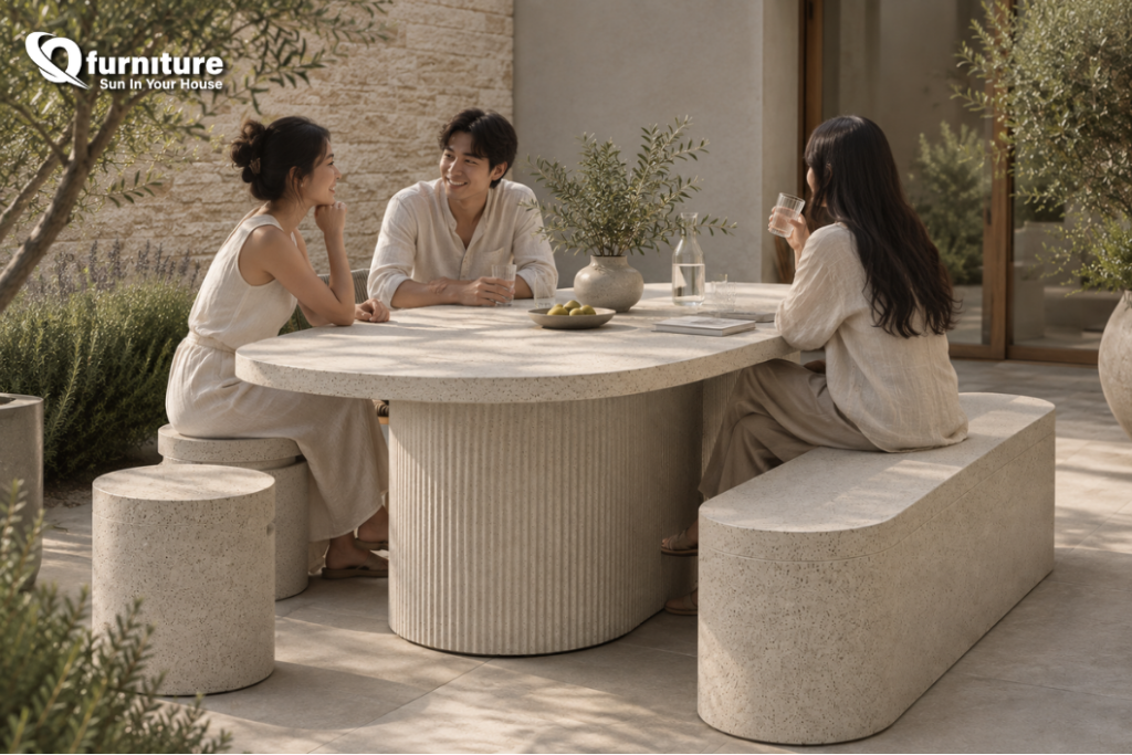 Outdoor concrete furniture in an outdoor setting