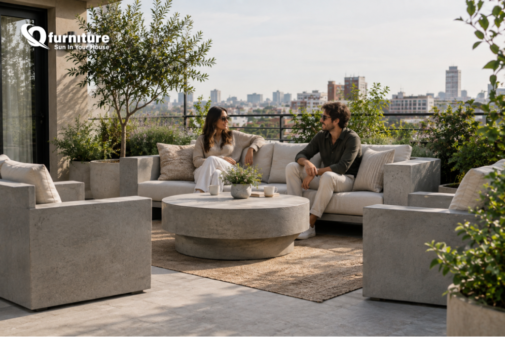 Concrete rooftop lounge furniture with cushions and outdoor plants