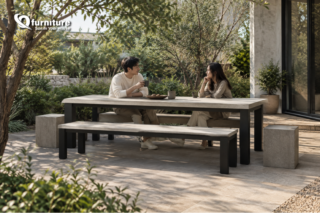 Outdoor concrete furniture in a modern garden