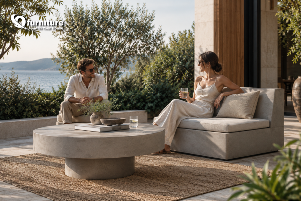 Modern concrete furniture in a minimalist outdoor space