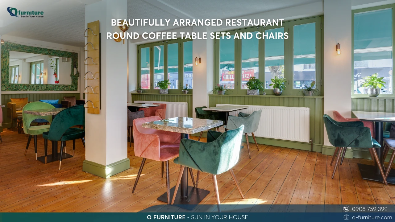 BEAUTIFULLY ARRANGED RESTAURANT ROUND COFFEE TABLE SETS AND CHAIRS