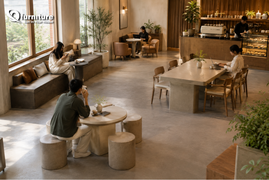 Different seating zones created with concrete furniture in a coffee shop