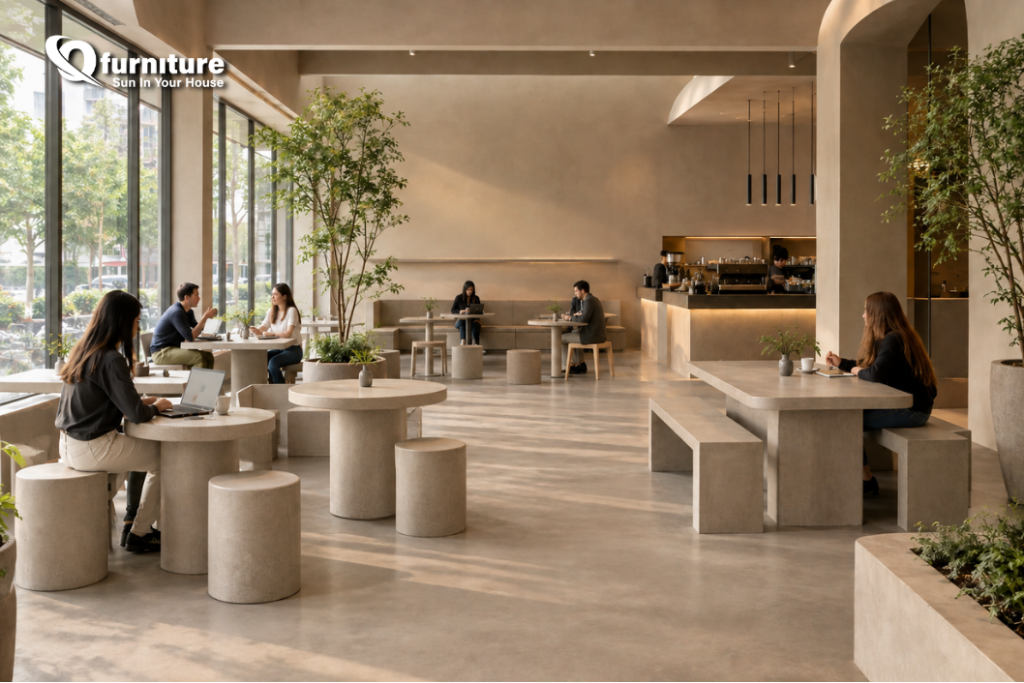 Concrete furniture in a modern coffee shop with tables and stools