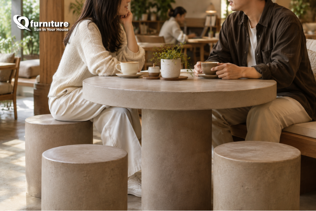 Concrete tables and stools creating a seating area in a coffee shop