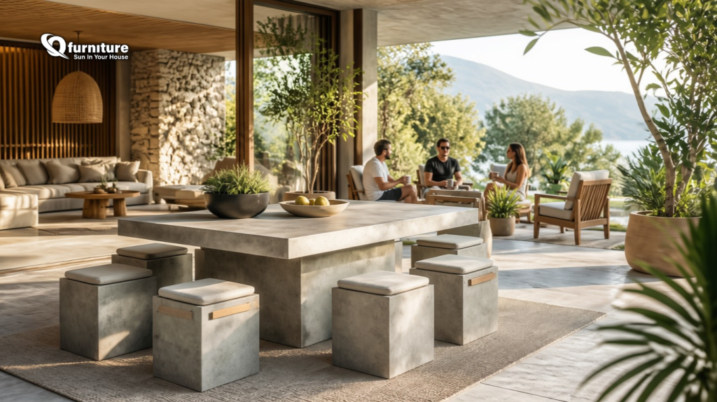 modern concrete outdoor furniture in a contemporary resort