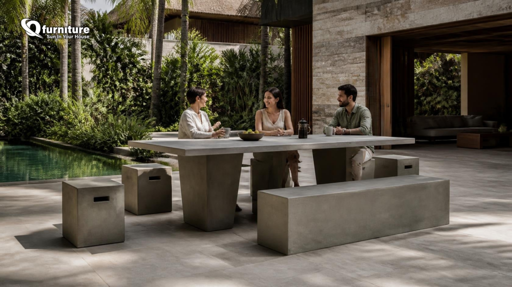 modern concrete furniture combined with wood and greenery outdoors