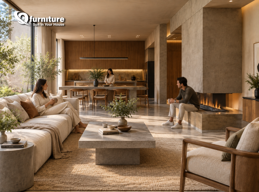 modern concrete interior design with concrete furniture