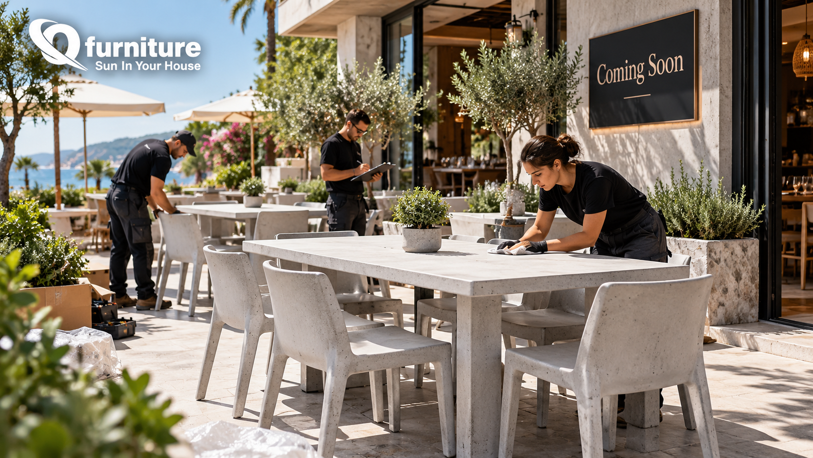 Newly installed concrete furniture set up before a restaurant's peak season opening Newly installed concrete furniture set up before a restaurant's peak season opening