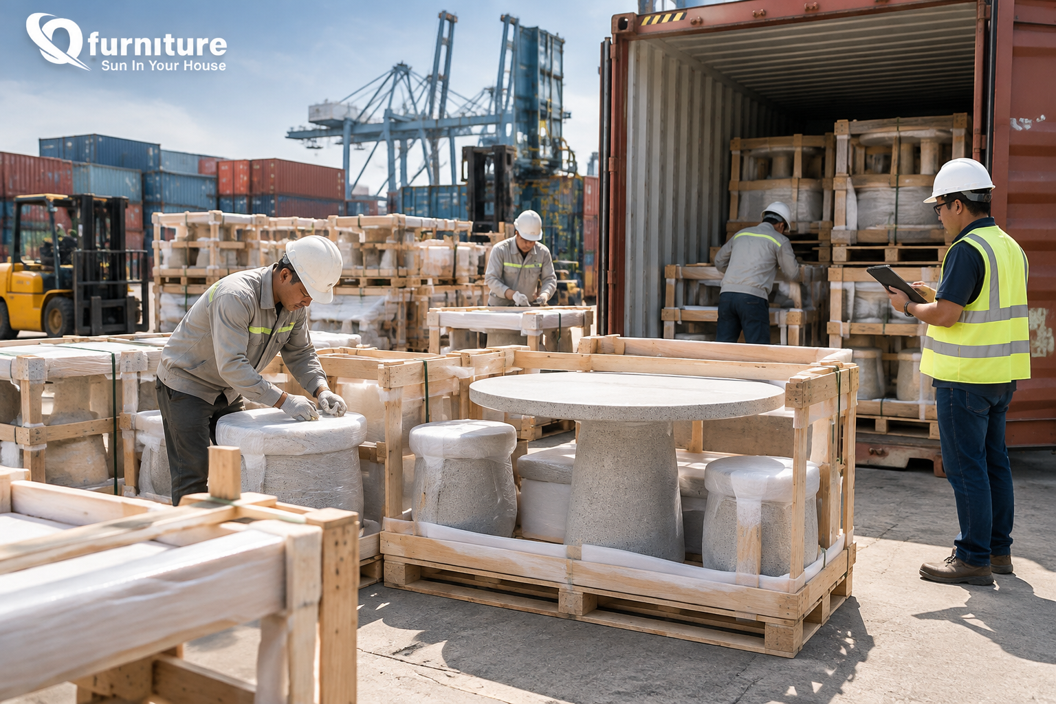 Workers packaging concrete furniture for export before shipping Workers packaging concrete furniture for export before shipping