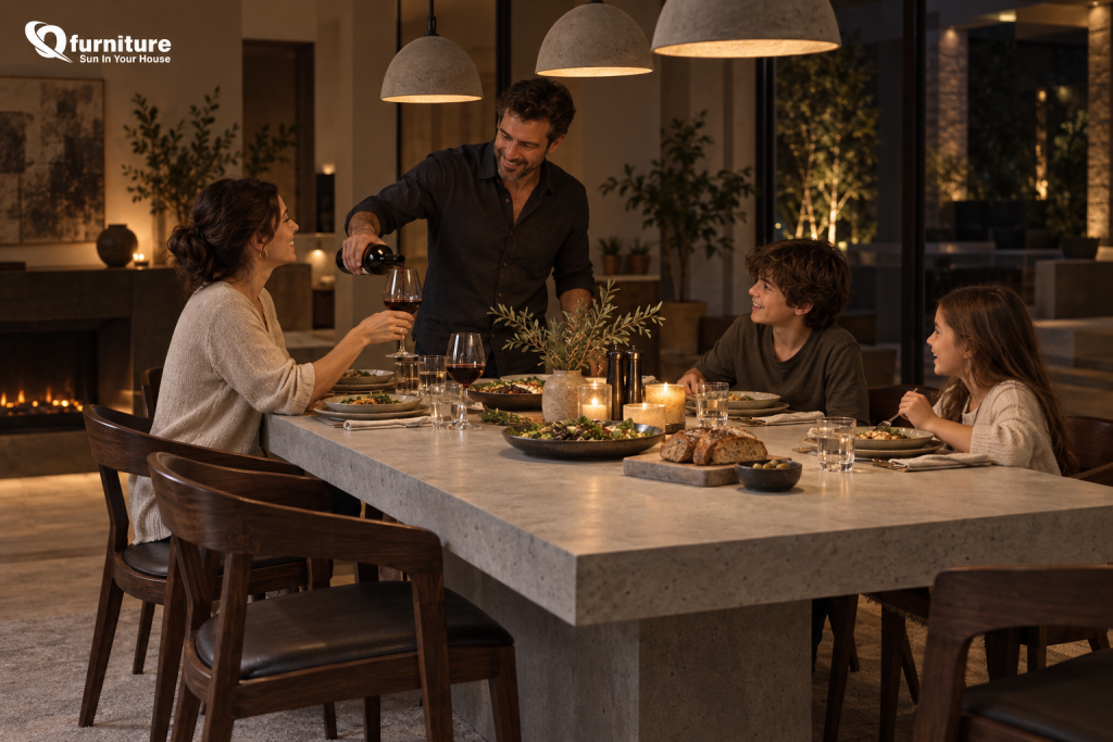Modern concrete furniture dining table styled for a luxury villa dinner