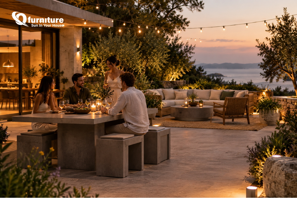Concrete outdoor dining area with warm evening lighting