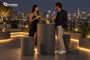 Concrete furniture styling on a boutique hotel rooftop lounge at night Concrete furniture styling on a boutique hotel rooftop lounge at night