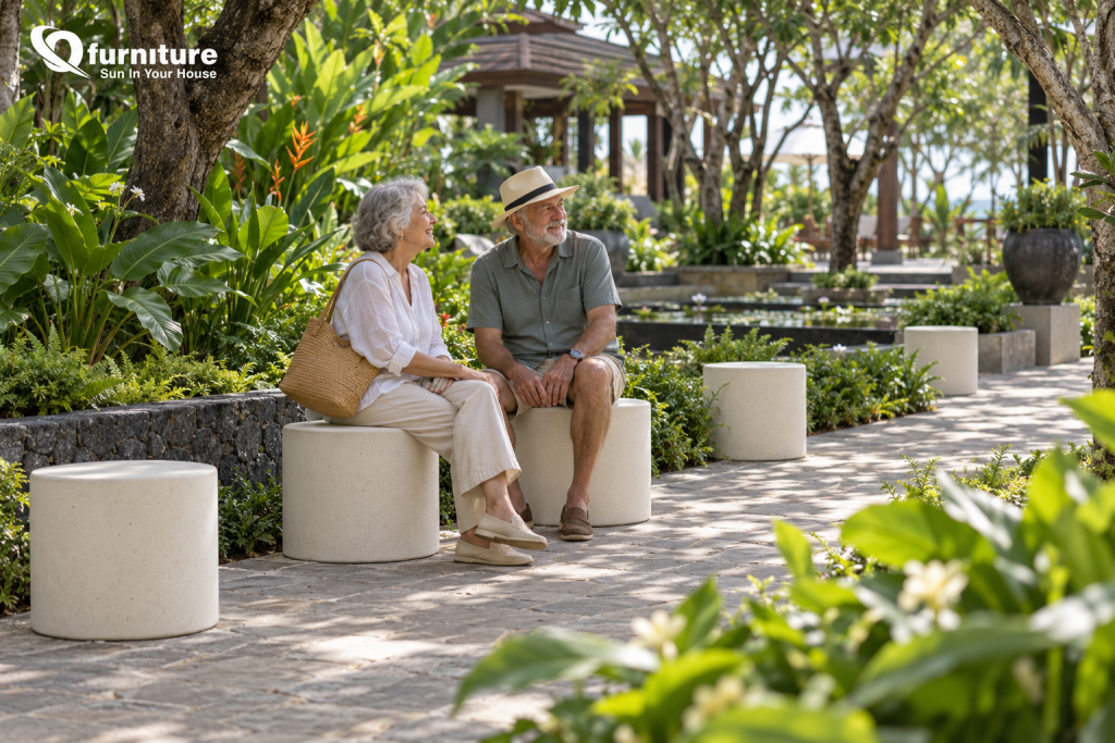 Cream concrete stools along a garden path, an example of outdoor concrete furniture styling