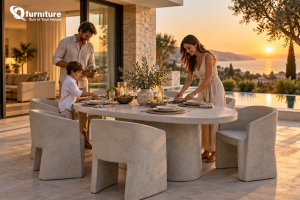 Gray concrete dining table and chairs on a villa patio at sunset Gray concrete dining table and chairs on a villa patio at sunset