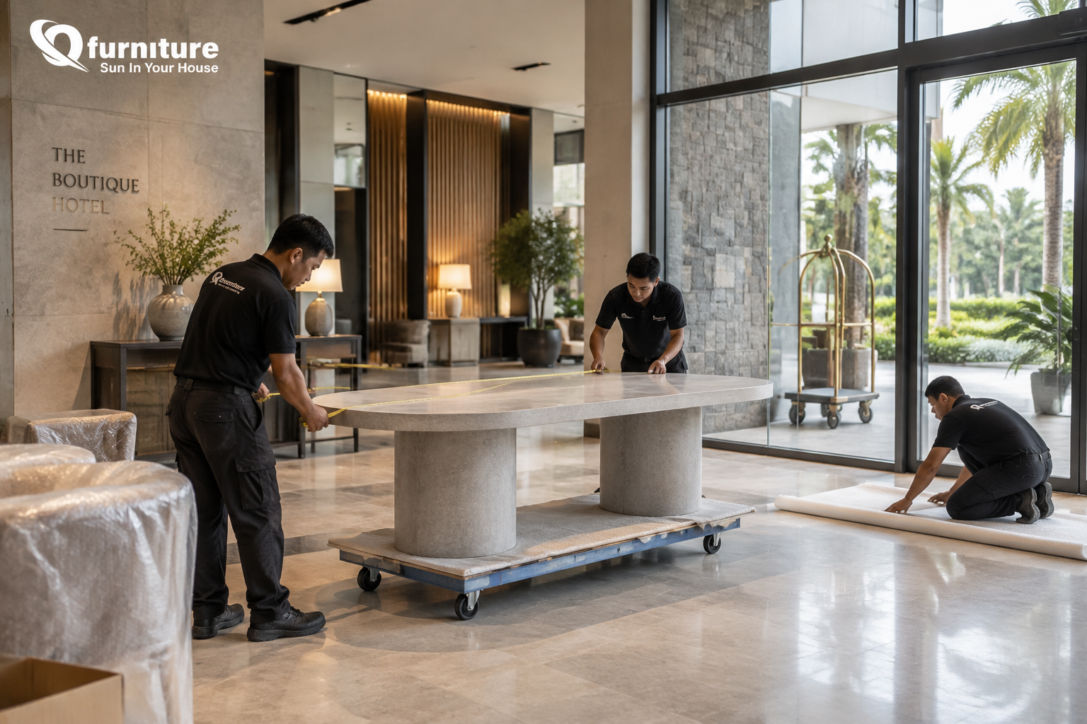Workers carefully handling a large concrete tabletop during packaging