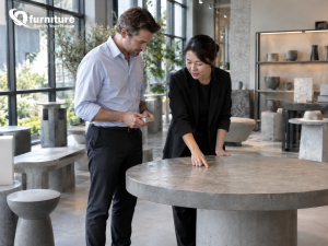 Buyer reviewing sample quality with a concrete furniture manufacturer