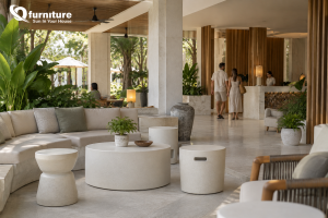 Buyer reviewing sample quality with a concrete furniture manufacturer