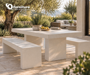 Cream concrete table and benches