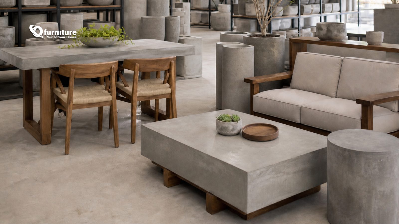 Q-Furniture concrete furniture showroom with mixed-material products for international buyers