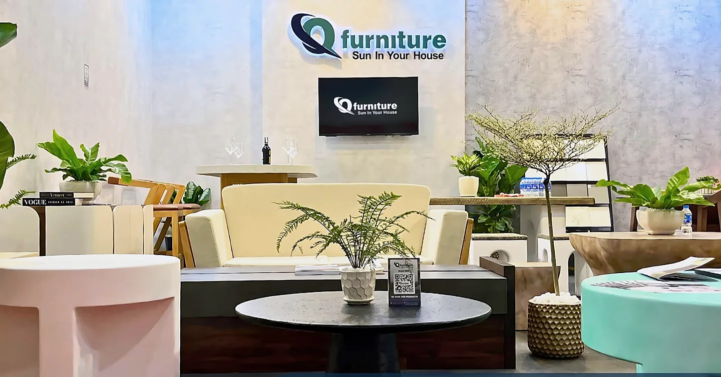 Concrete coffee table and planters in a lounge display